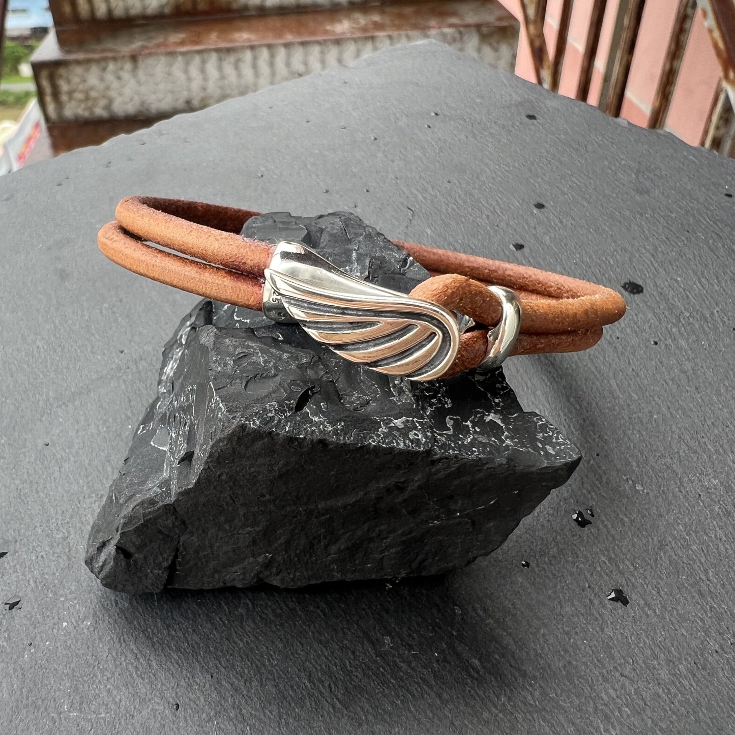 Handmade Leather Bracelet with 925 Silver Wings, Minimalist Fashion Style