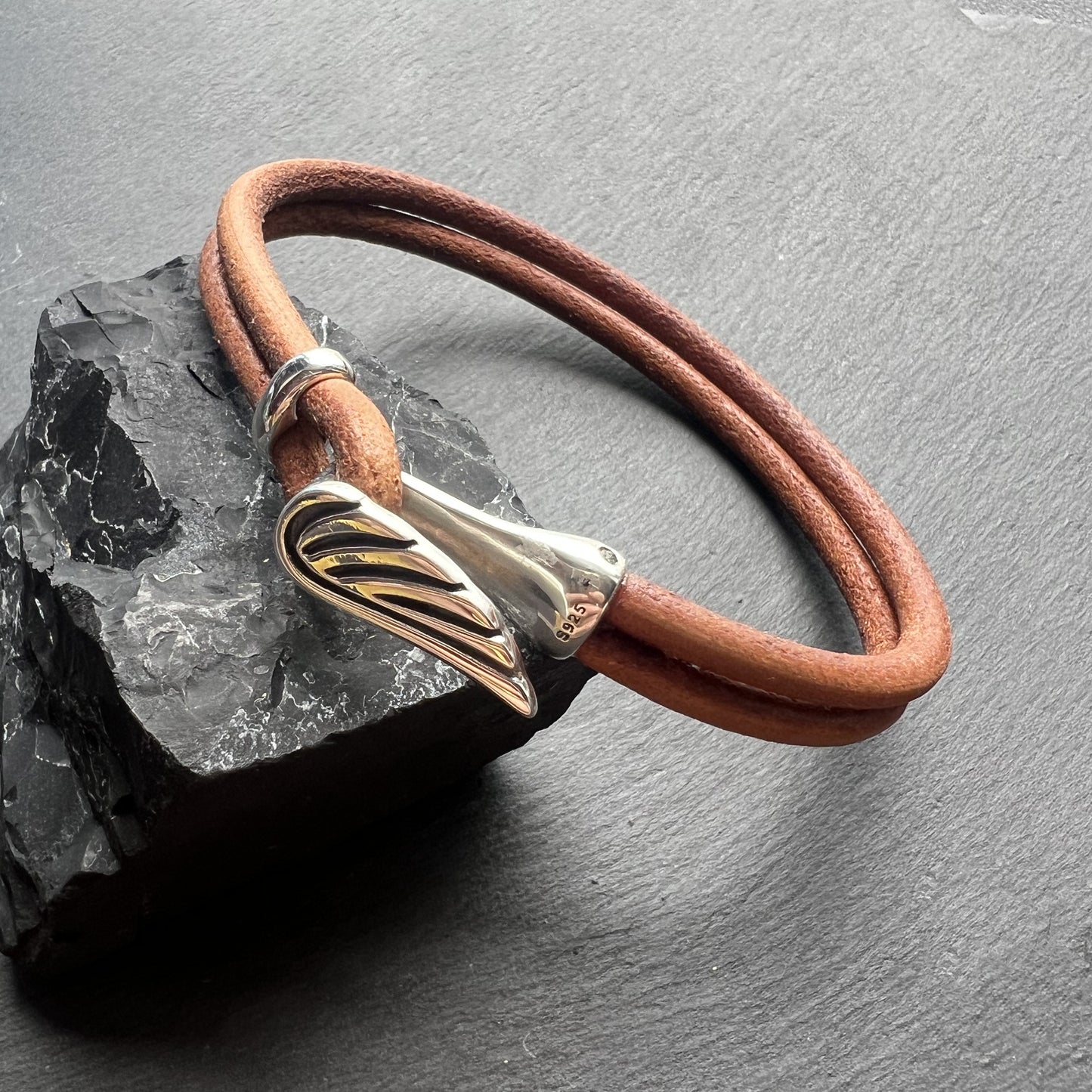 Handmade Leather Bracelet with 925 Silver Wings, Minimalist Fashion Style