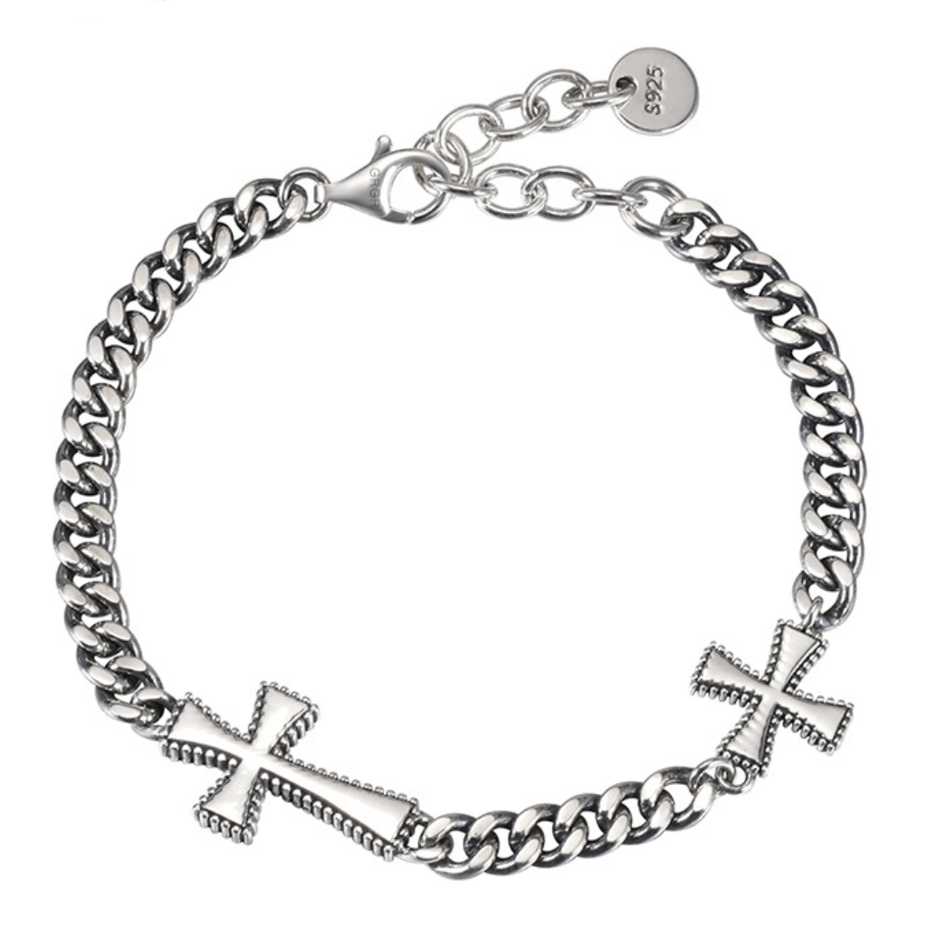 925 Silver Double Cross Cuban Link Hip-Hop Bracelet