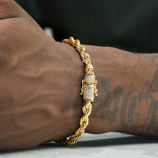 Gold-Tone Copper Alloy Braided Bracelet with Zircon-Studded Clasp