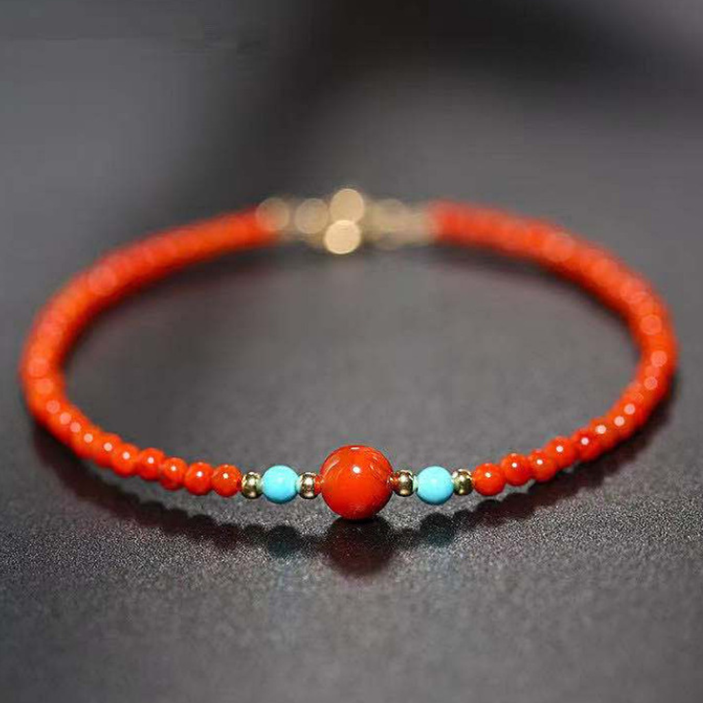 Natural Cherry Red 3MM Red Agate and Turquoise Bracelet