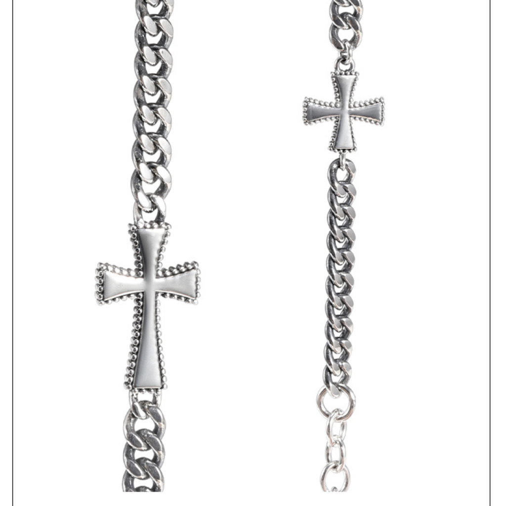 925 Silver Double Cross Cuban Link Hip-Hop Bracelet