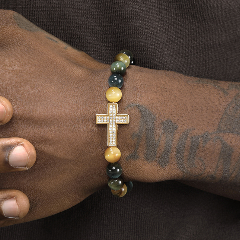 Tiger Eye Bracelet with Copper Alloy Cross Inlaid with Synthetic Zircon