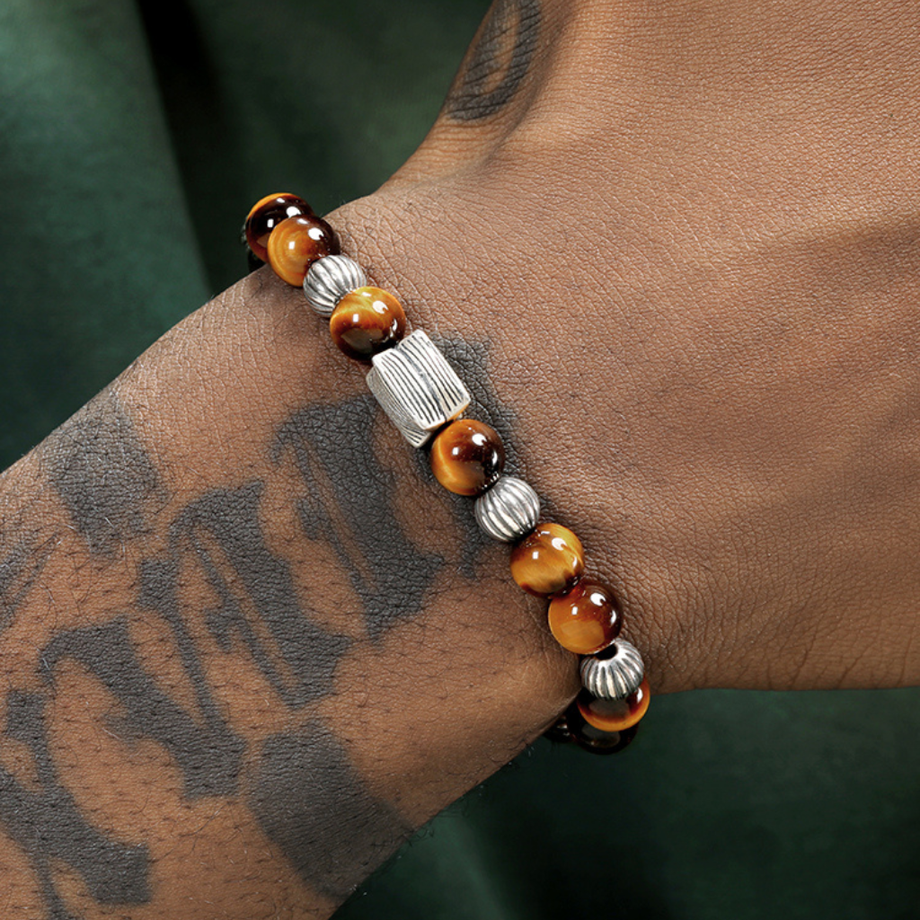 Vintage 925 Silver and Tiger Eye Hip-Hop Bracelet