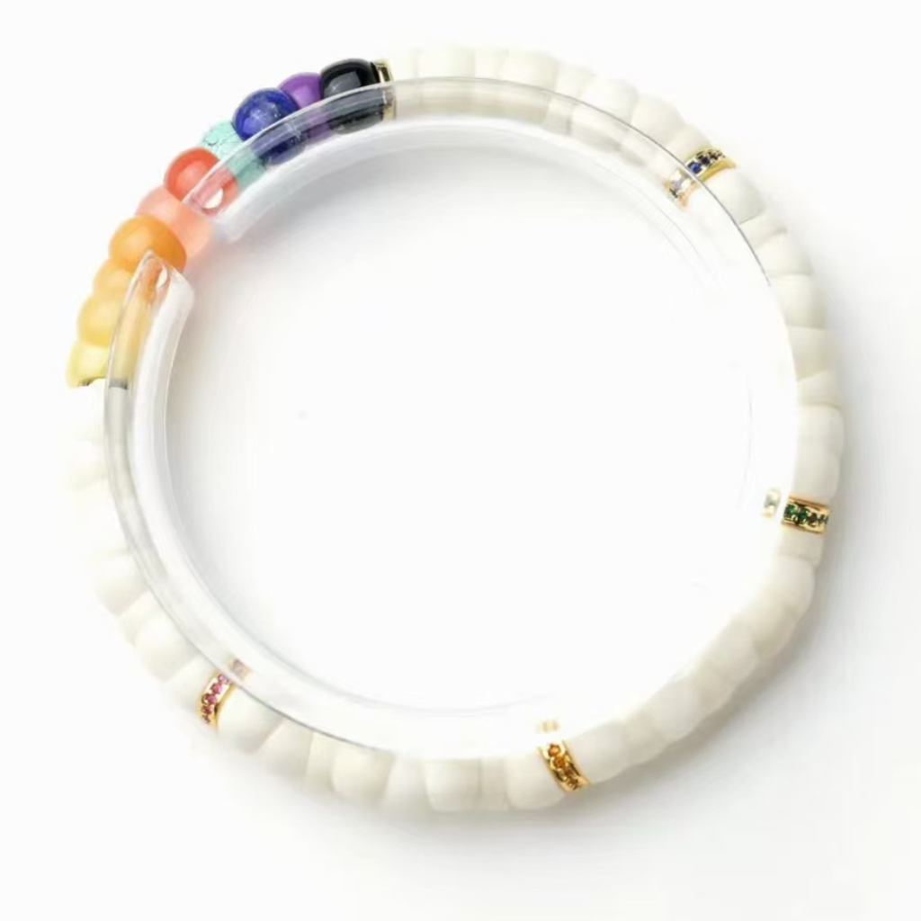 Natural 7MM White Jade Bodhi Bead Bracelet with Unique Cut and Rainbow Stones