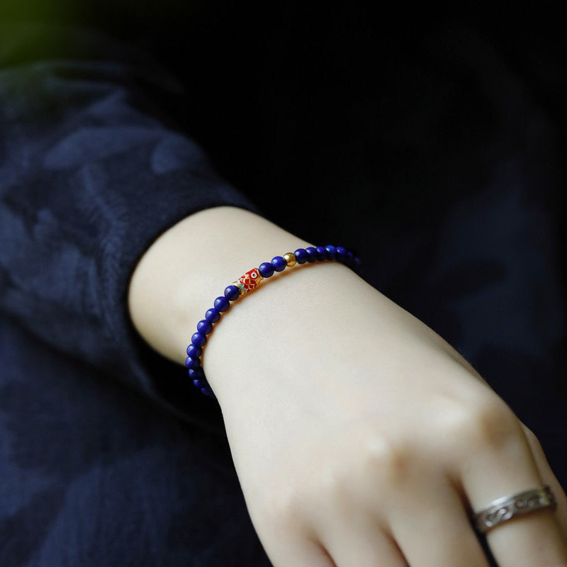 Natural 4mm Ultra-Fine Lapis Lazuli Bracelet with Koi Fish Charm