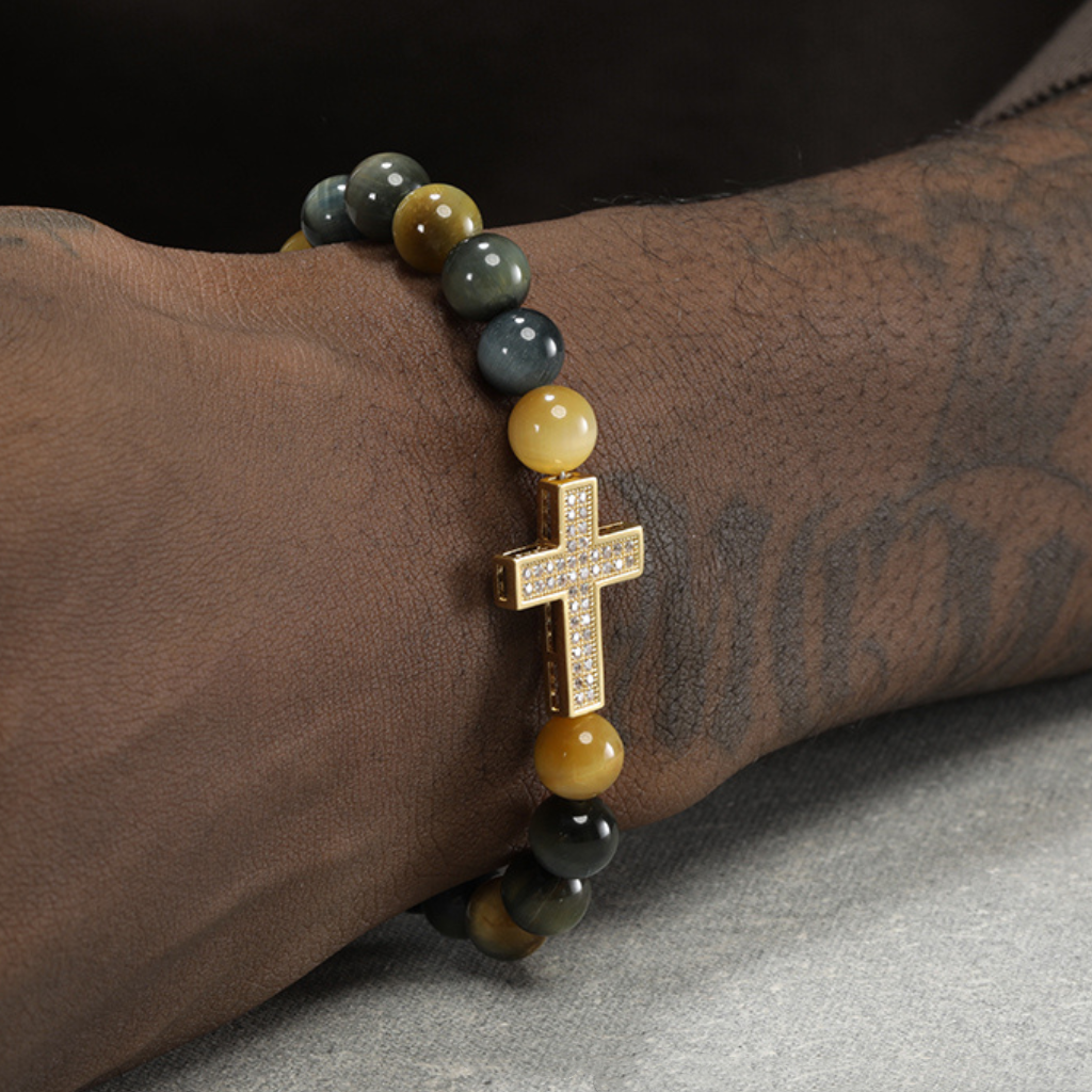 Tiger Eye Bracelet with Copper Alloy Cross Inlaid with Synthetic Zircon