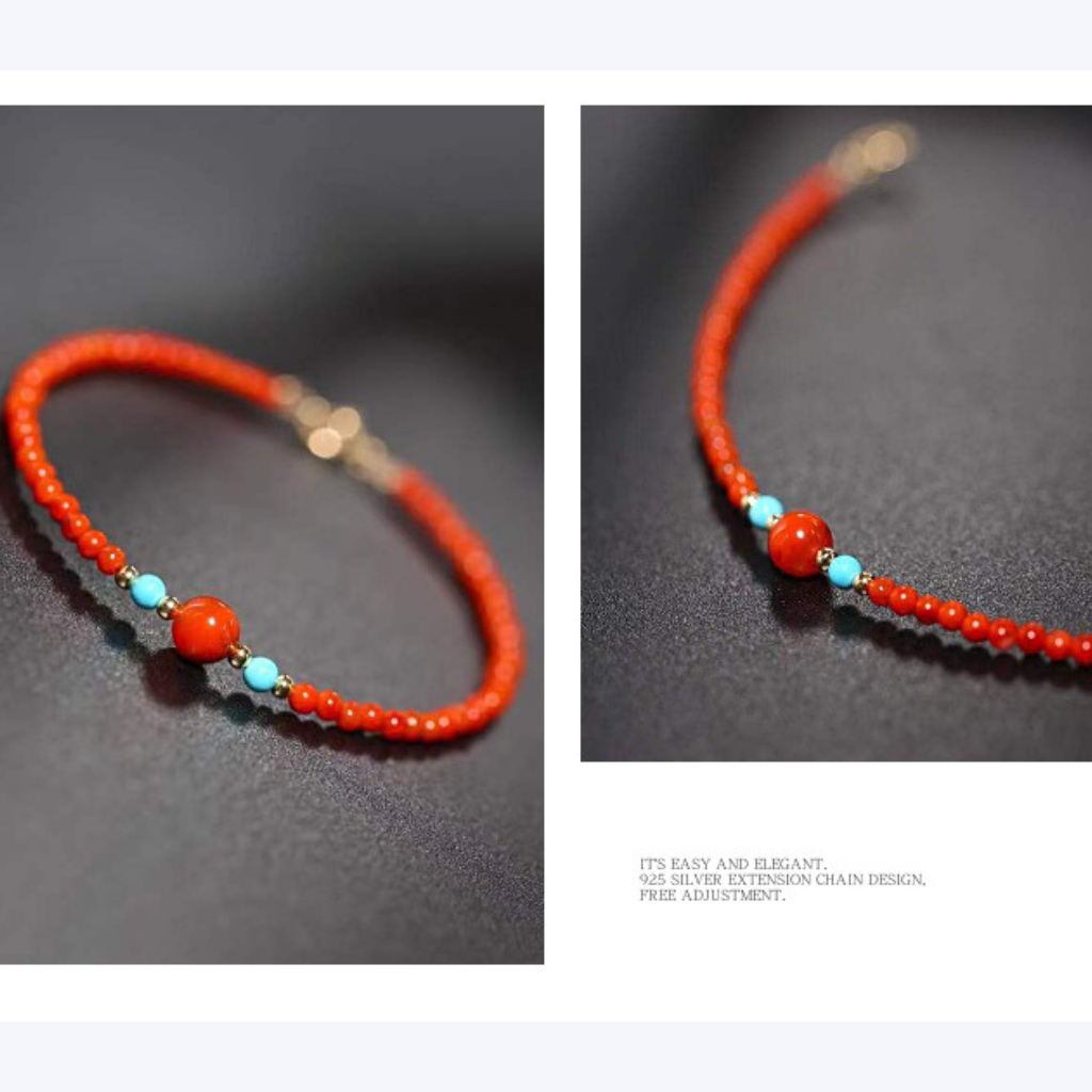 Natural Cherry Red 3MM Red Agate and Turquoise Bracelet