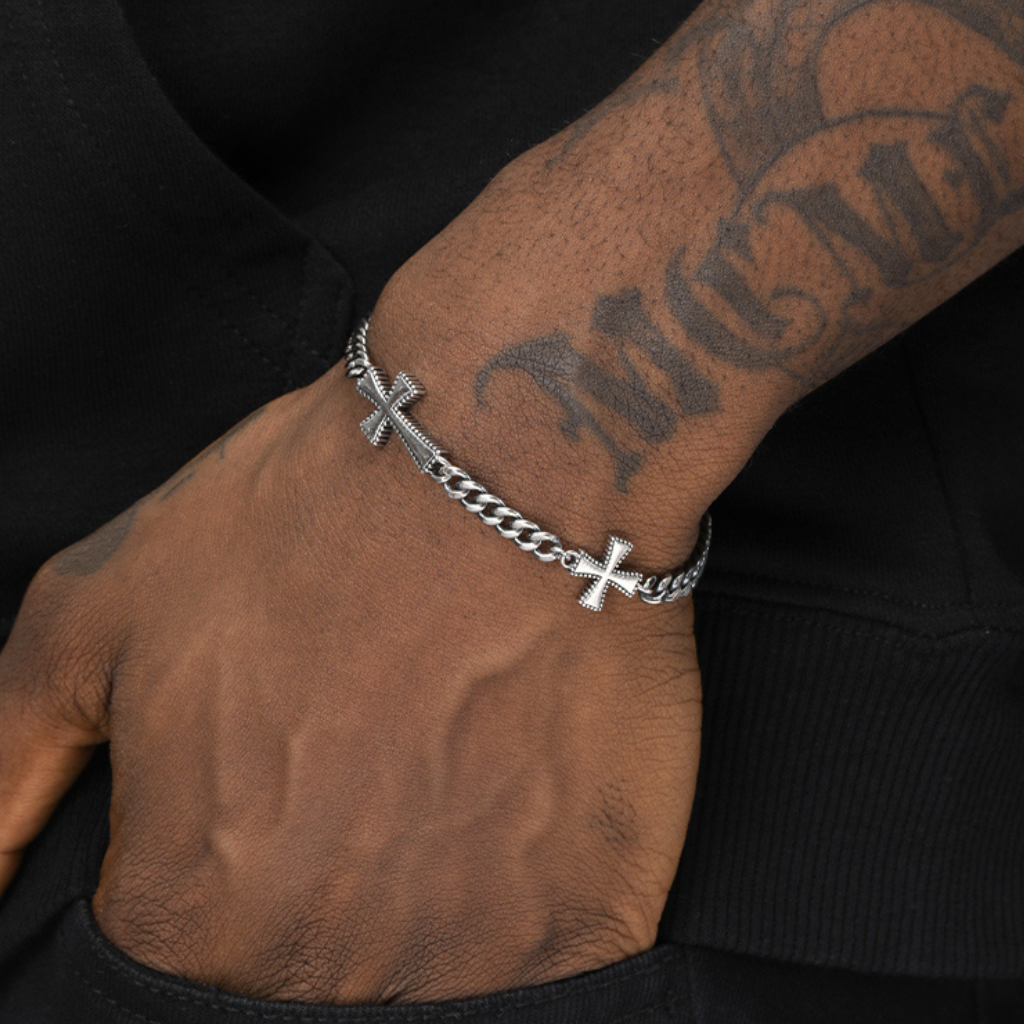 925 Silver Double Cross Cuban Link Hip-Hop Bracelet