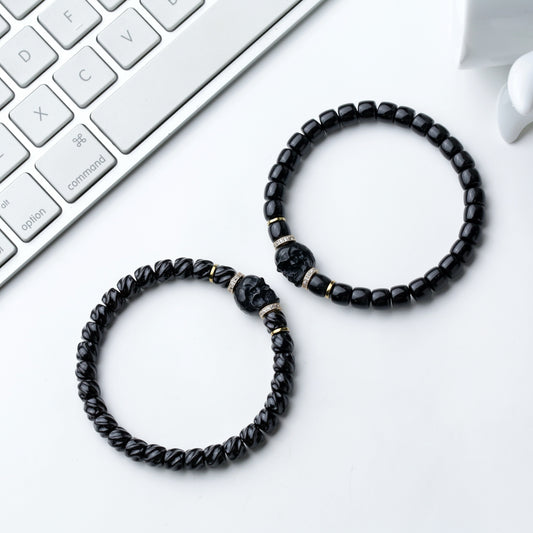 Black Gold Coconut Bracelet - 7*6mm Twisted Beads with Agate Skull