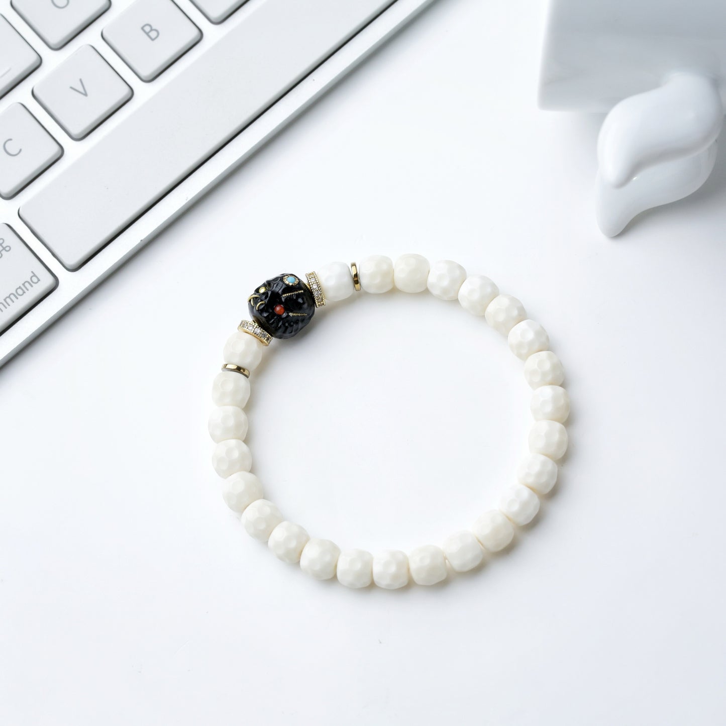 Natural 7mm White Jade Bodhi Bead Bracelet with Quirky Elf Skull