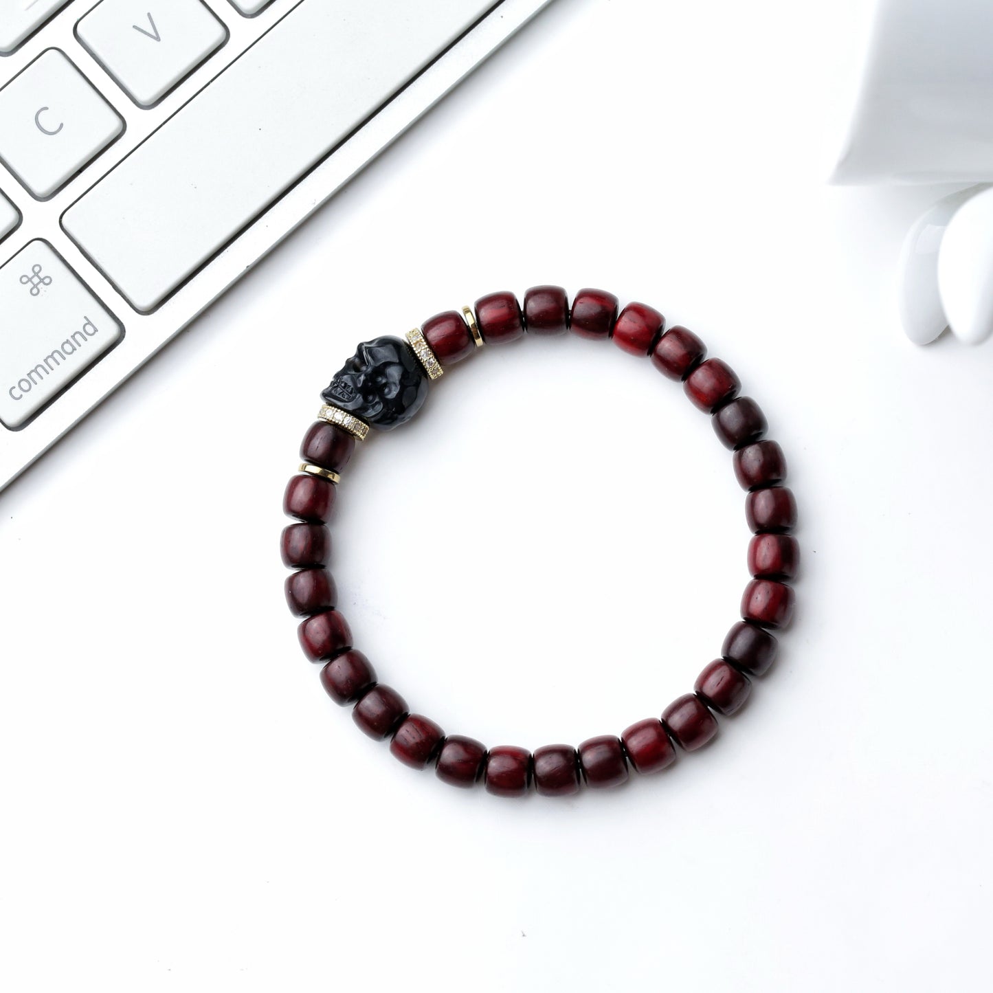 Natural 7mm Rosewood Bead Bracelet with Black Agate Warrior Charm