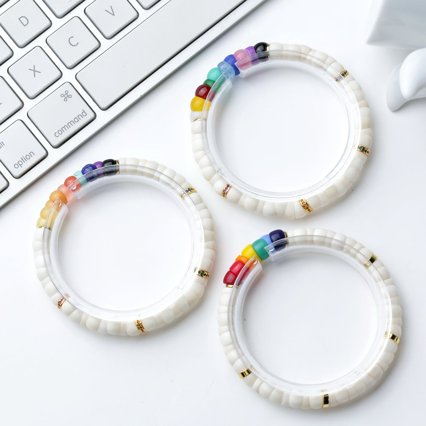 Natural 7MM White Jade Bodhi Bead Bracelet with Unique Cut and Rainbow Stones