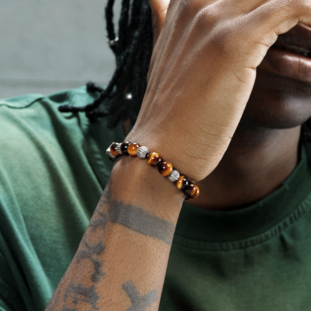 Vintage 925 Silver and Tiger Eye Hip-Hop Bracelet