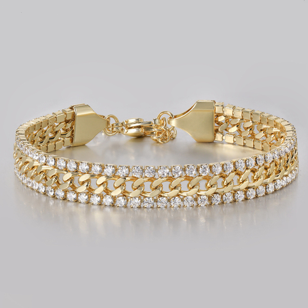 Titanium Steel Zircon Inlay Hip-Hop Bracelet with 14K Gold Plating