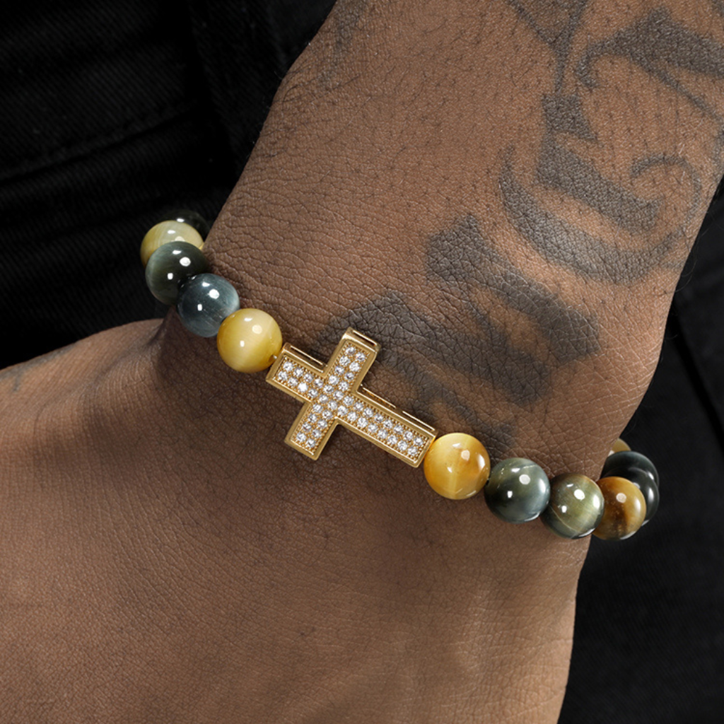 Tiger Eye Bracelet with Copper Alloy Cross Inlaid with Synthetic Zircon