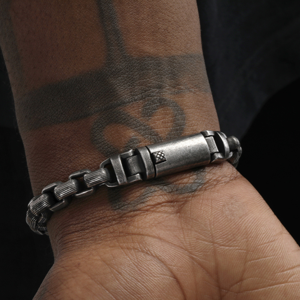 Titanium Steel Textured Ring Link Bracelet - Men's Hip-Hop Vintage Cuban Chain