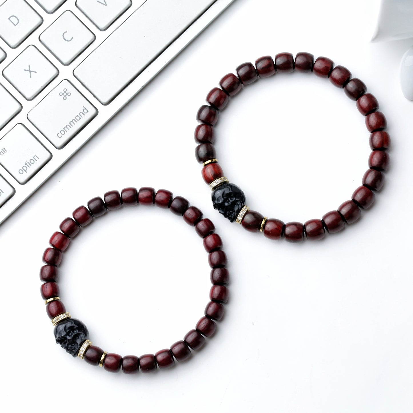 Natural 7mm Rosewood Bead Bracelet with Black Agate Warrior Charm