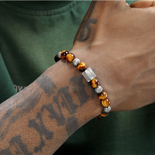 Vintage 925 Silver and Tiger Eye Hip-Hop Bracelet