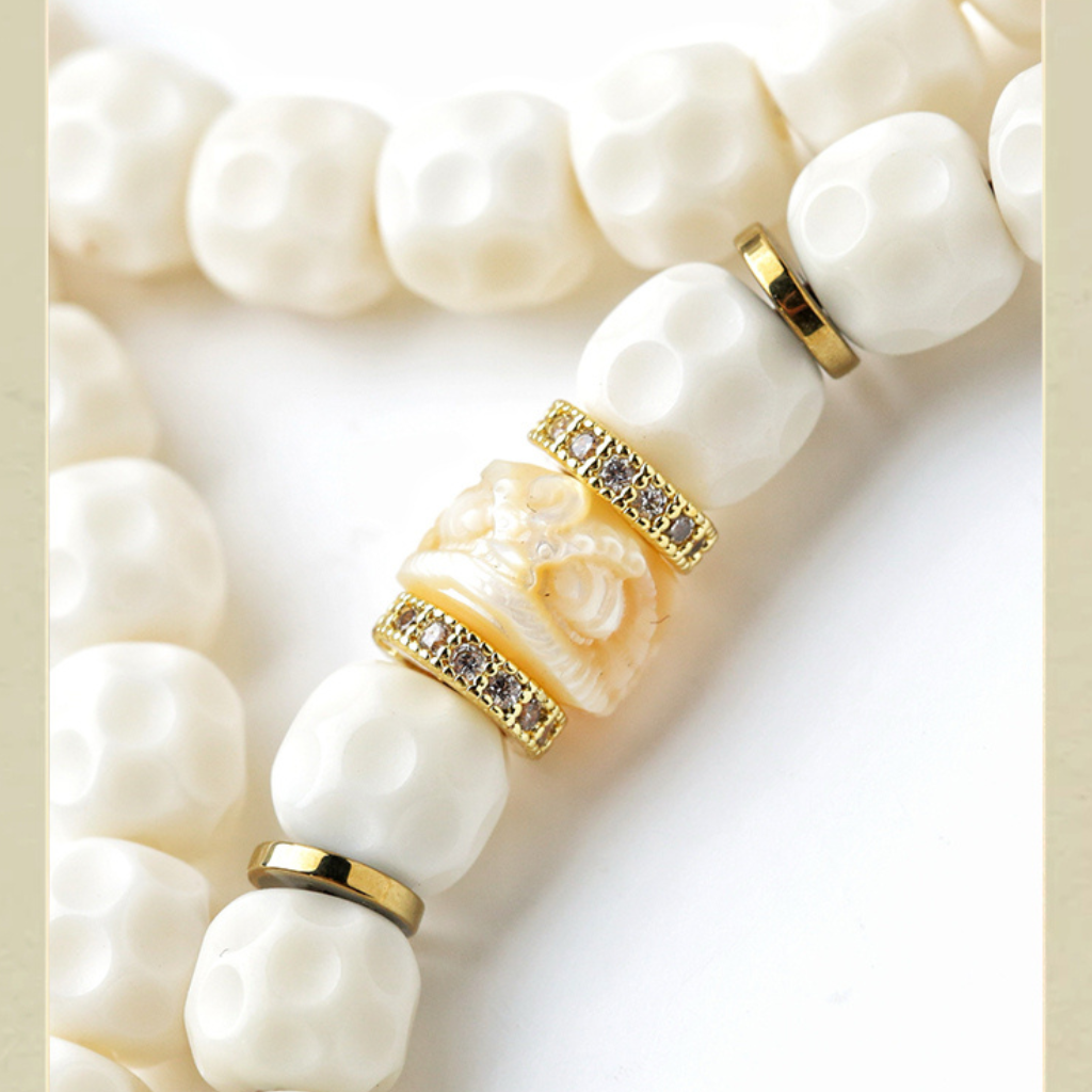 Natural White Jade Bodhi Bead Bracelet with Lion Head Charm