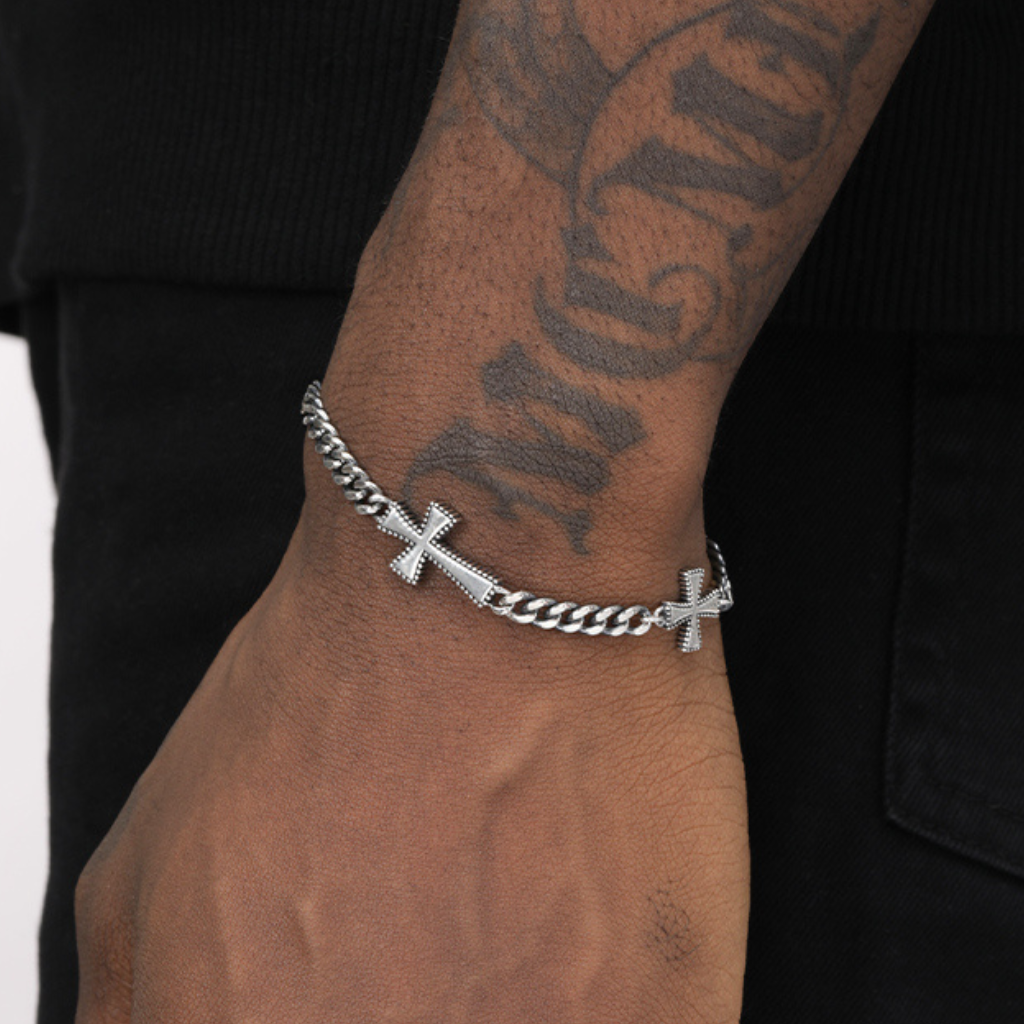 925 Silver Double Cross Cuban Link Hip-Hop Bracelet