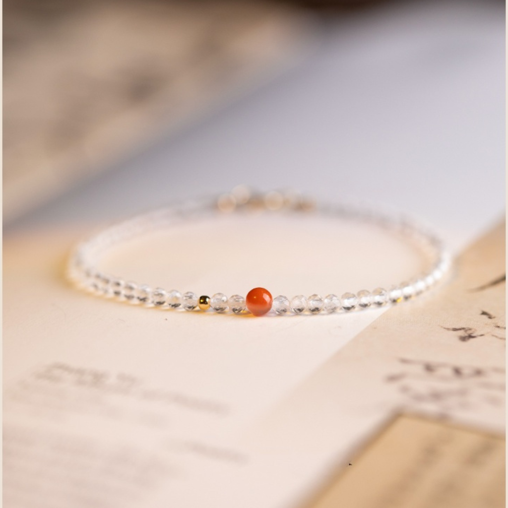 Natural Ultra-Fine Clear Quartz and Red Agate Bracelet - Elegant Jewelry with Clear Quartz and Red Agate Beads