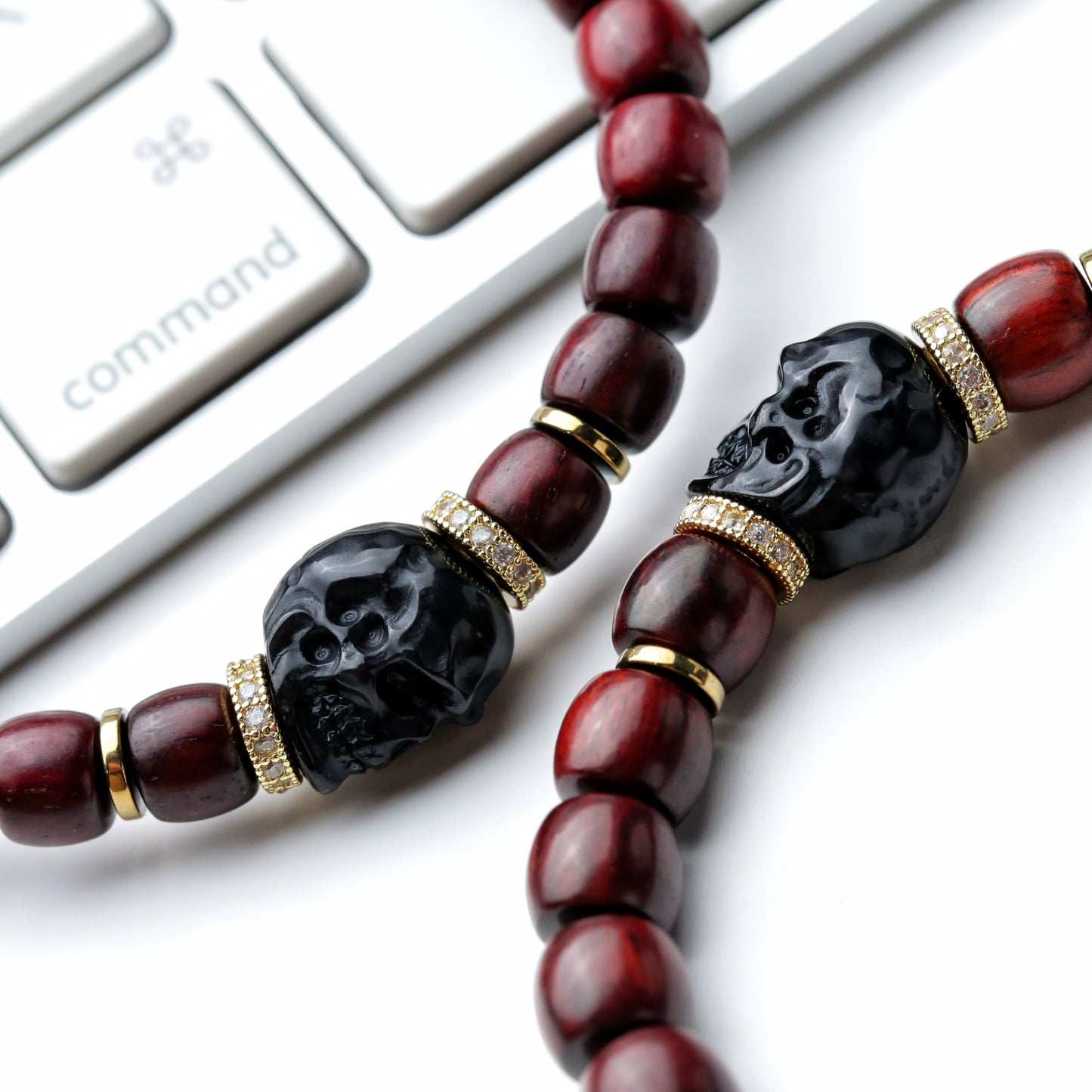 Natural 7mm Rosewood Bead Bracelet with Black Agate Warrior Charm