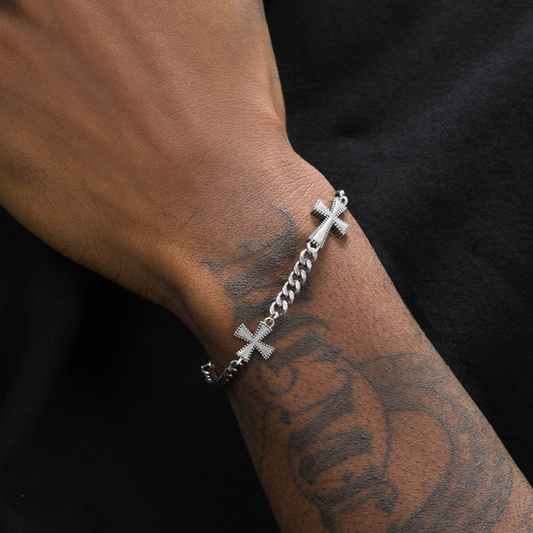 925 Silver Double Cross Cuban Link Hip-Hop Bracelet