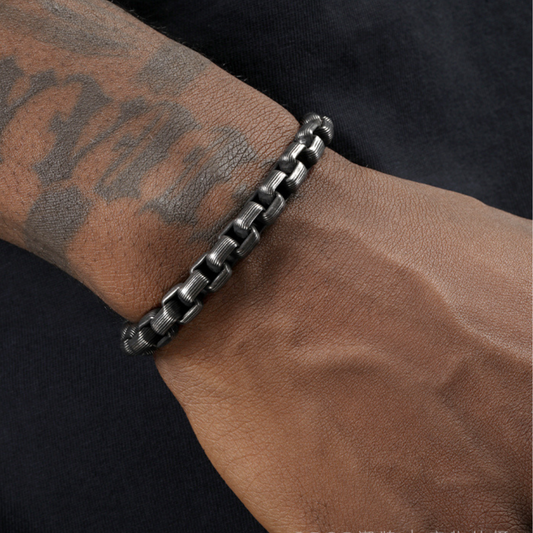 Titanium Steel Textured Ring Link Bracelet - Men's Hip-Hop Vintage Cuban Chain