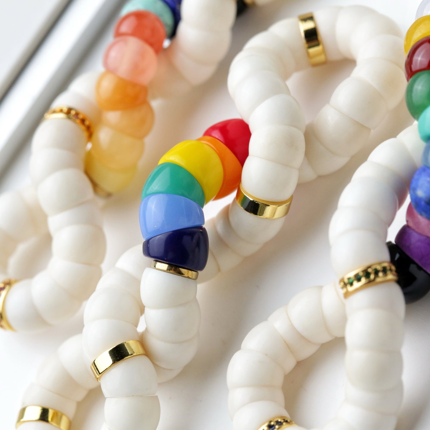 Natural 7MM White Jade Bodhi Bead Bracelet with Unique Cut and Rainbow Stones