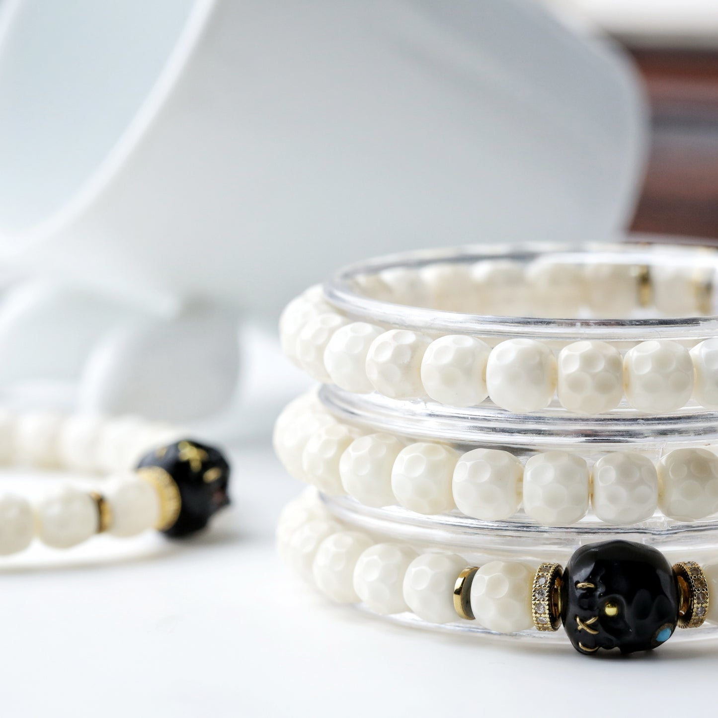 Natural 7mm White Jade Bodhi Bead Bracelet with Quirky Elf Skull