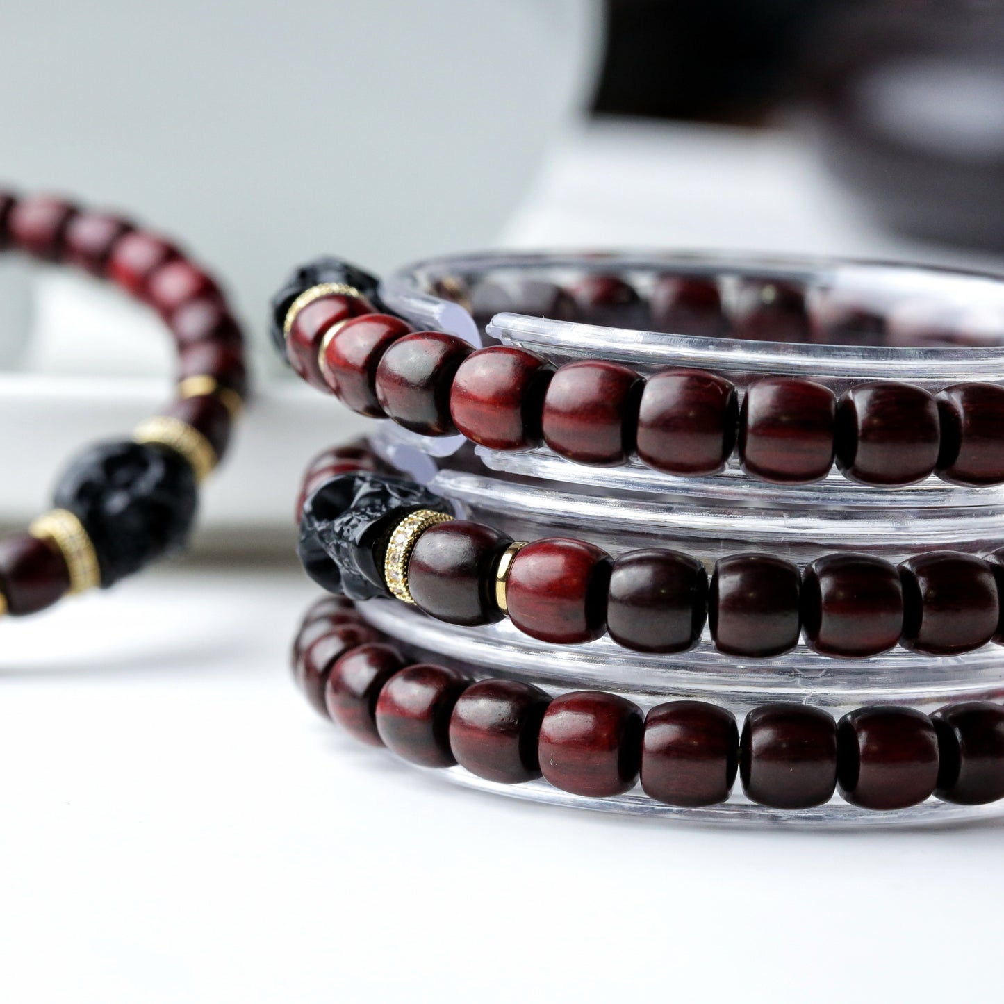 Natural 7mm Rosewood Bead Bracelet with Black Agate Warrior Charm