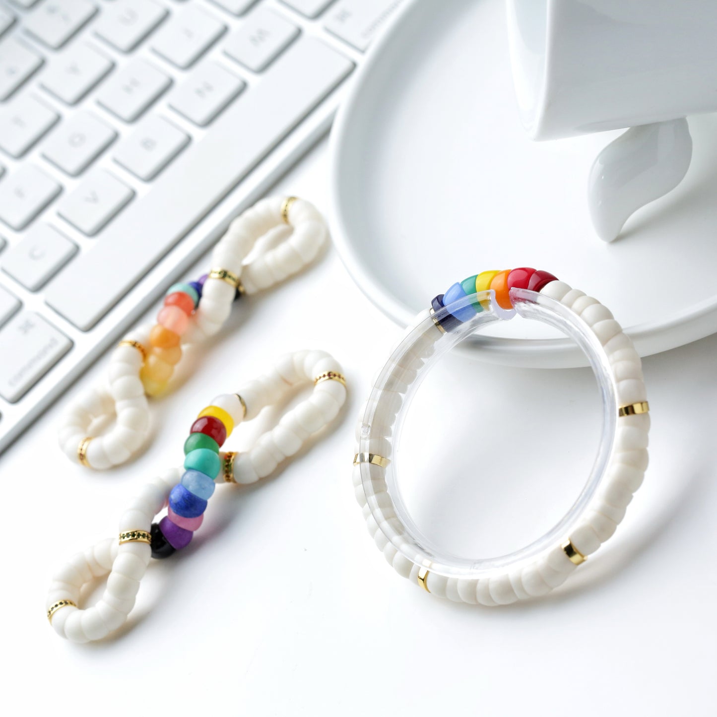 Natural 7MM White Jade Bodhi Bead Bracelet with Unique Cut and Rainbow Stones