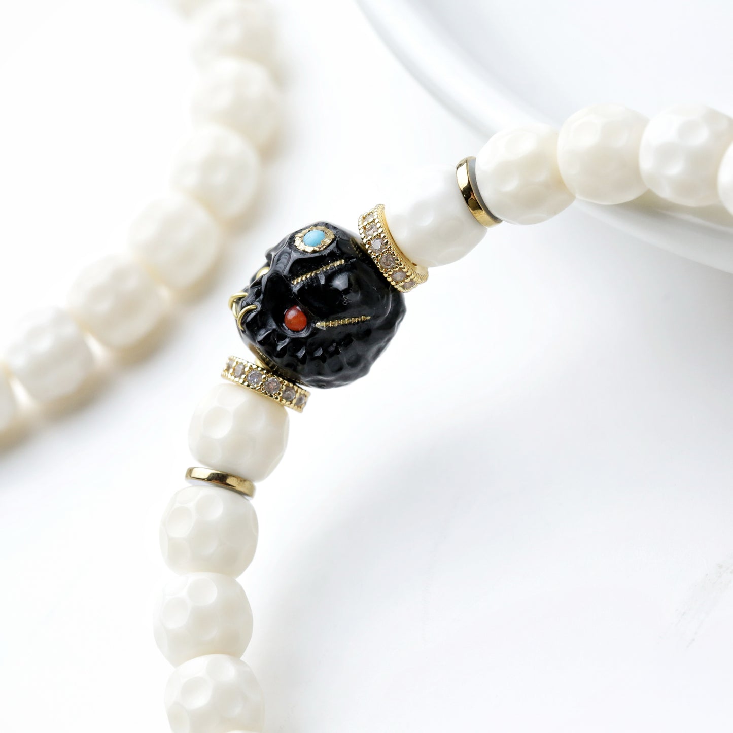 Natural 7mm White Jade Bodhi Bead Bracelet with Quirky Elf Skull