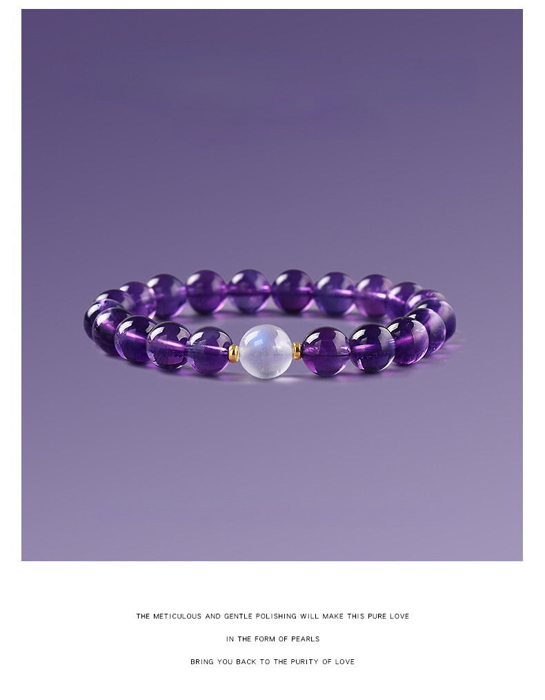 Natural eye-clean Uruguayan amethyst bracelet with 8MM beads, showcasing deep purple hues and exceptional clarity, ideal for elegant jewelry collections