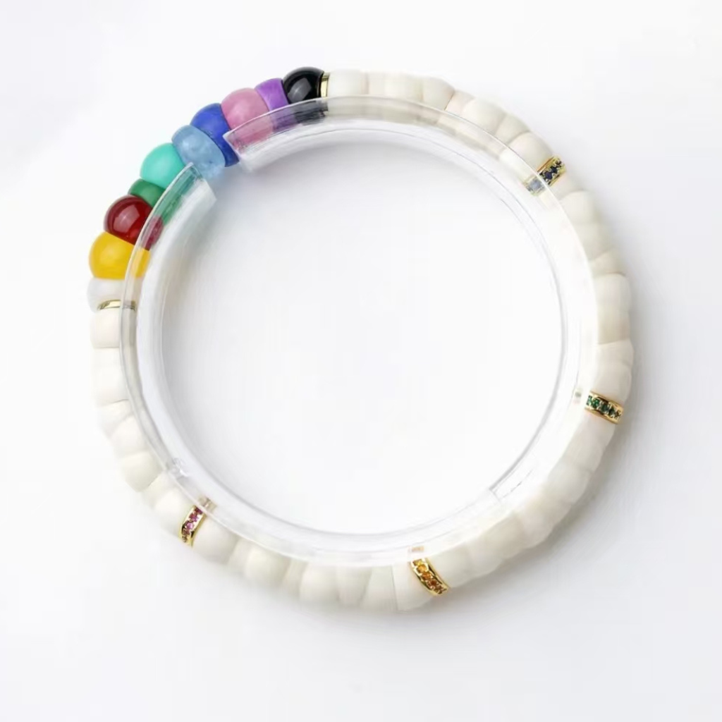 Natural 7MM White Jade Bodhi Bead Bracelet with Unique Cut and Rainbow Stones