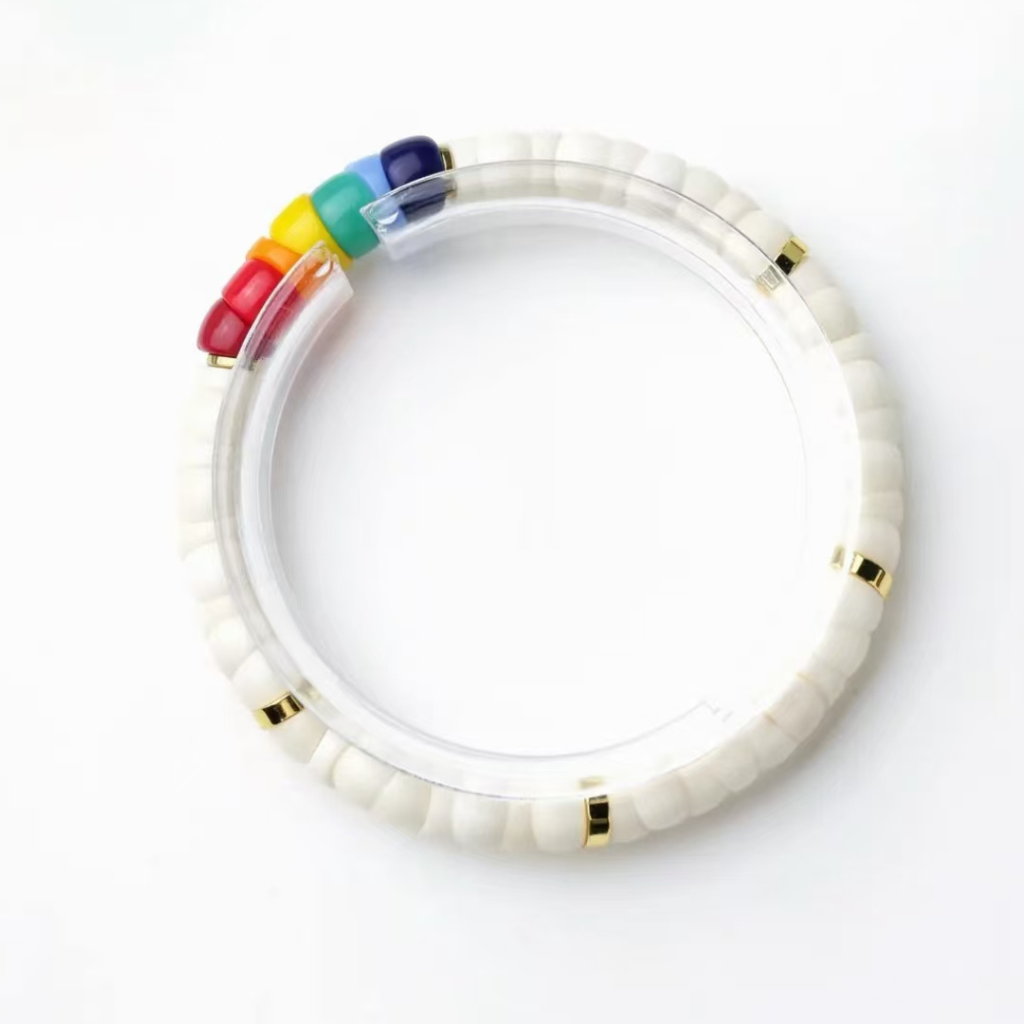 Natural 7MM White Jade Bodhi Bead Bracelet with Unique Cut and Rainbow Stones