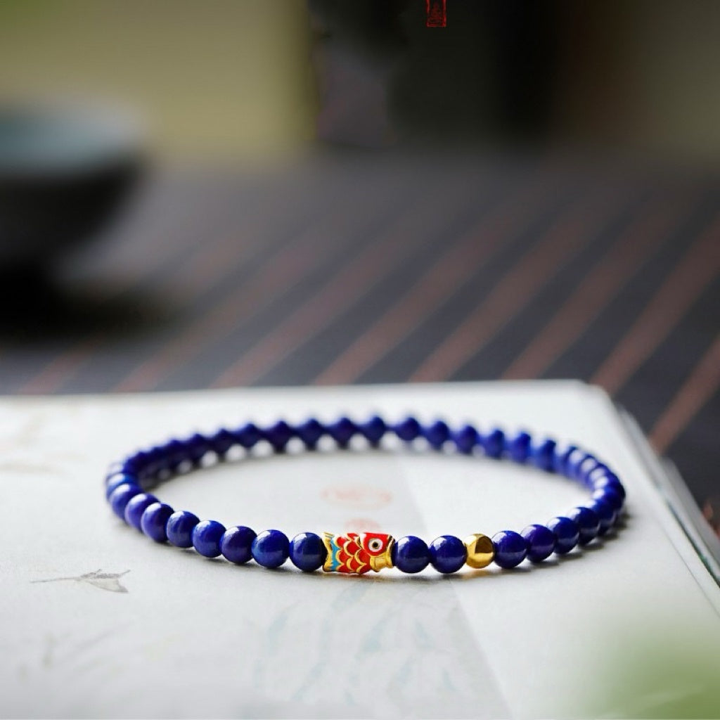 Natural 4mm Lapis Lazuli Bracelet with Koi Fish Charm, Elegant Jewelry