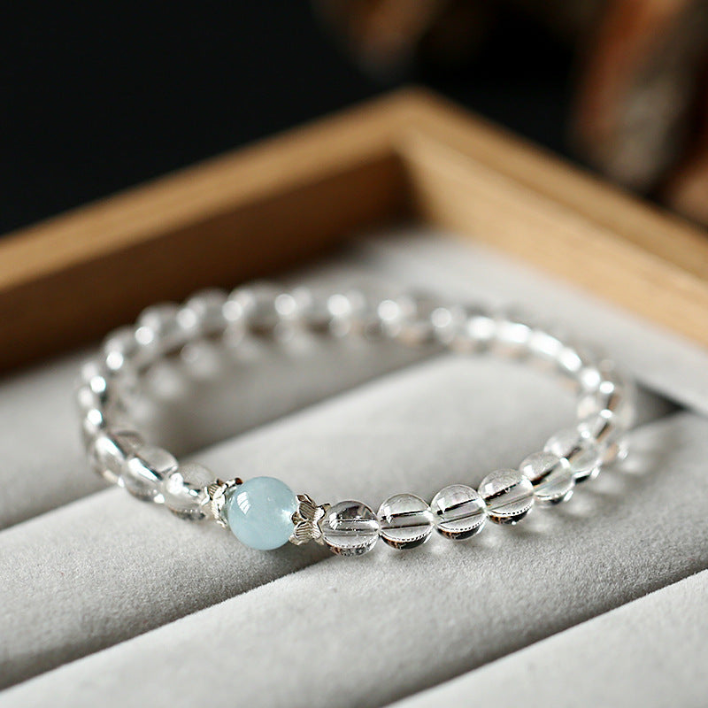 Natural Eye-Clean Clear Quartz and Aquamarine Bracelet, Elegant Jewelry
