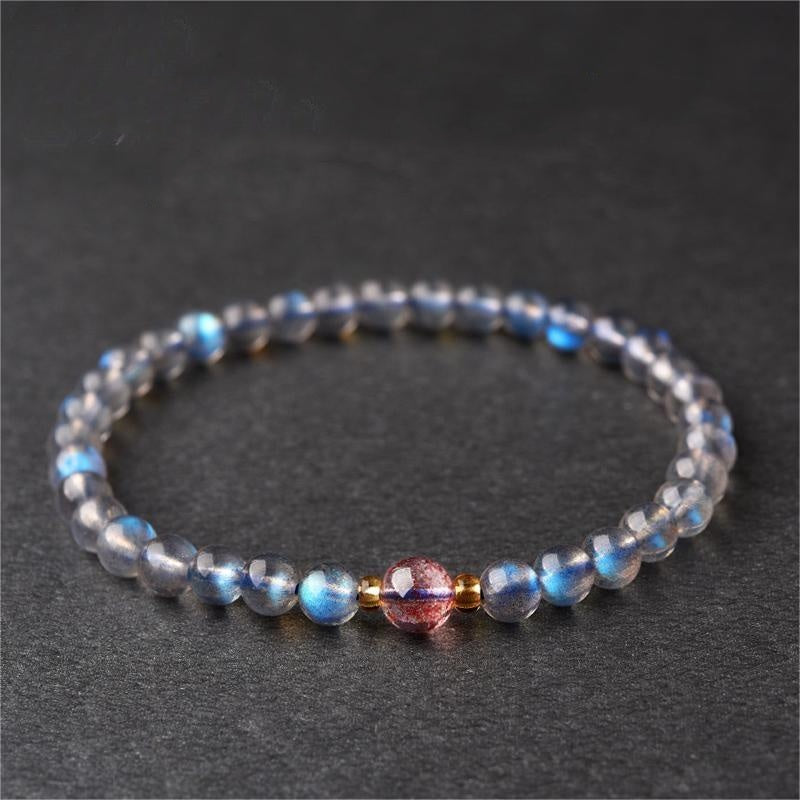 Natural Moonstone and Strawberry Quartz Bracelet, Unique Jewelry