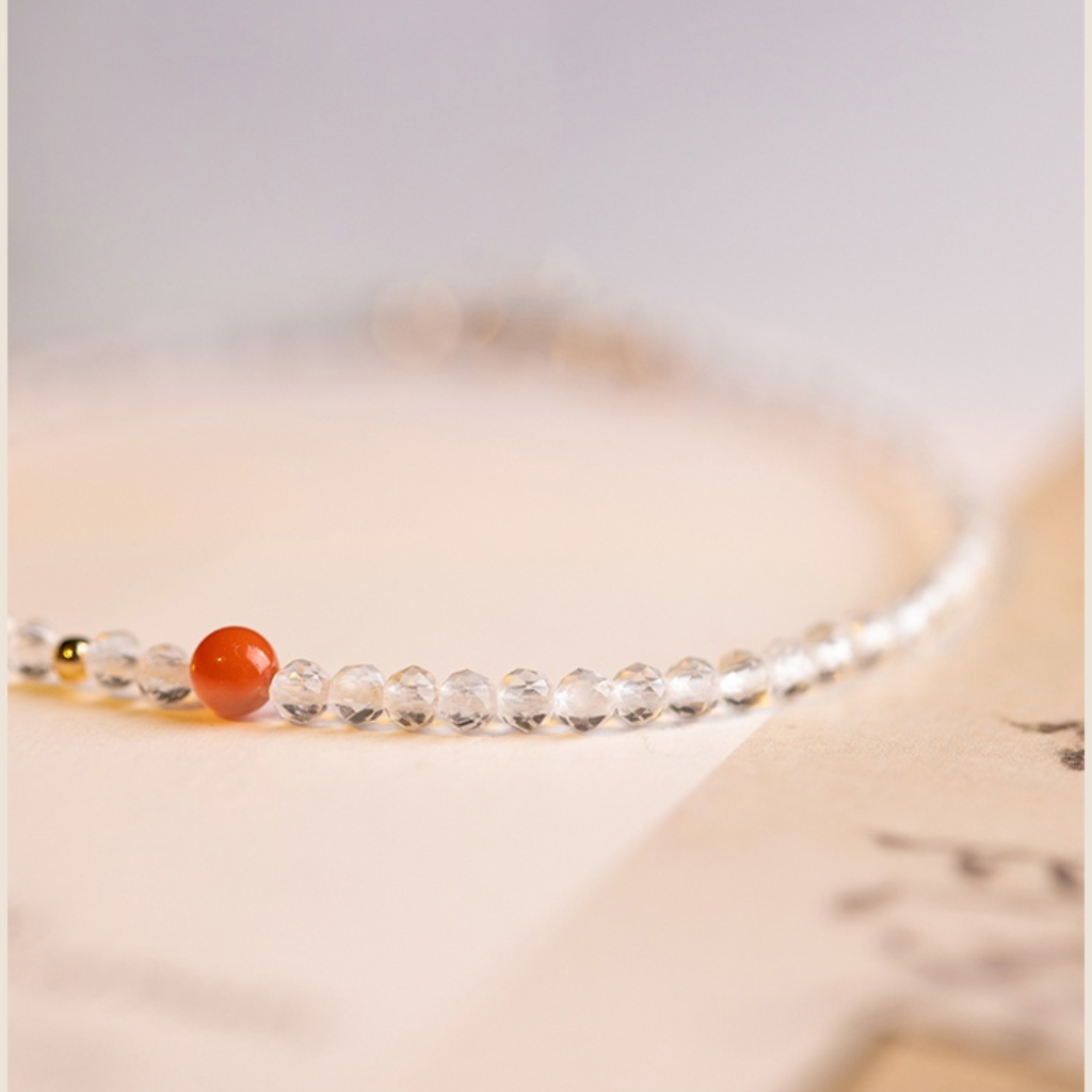 Natural Ultra-Fine Clear Quartz and Red Agate Bracelet - Elegant Jewelry with Clear Quartz and Red Agate Beads