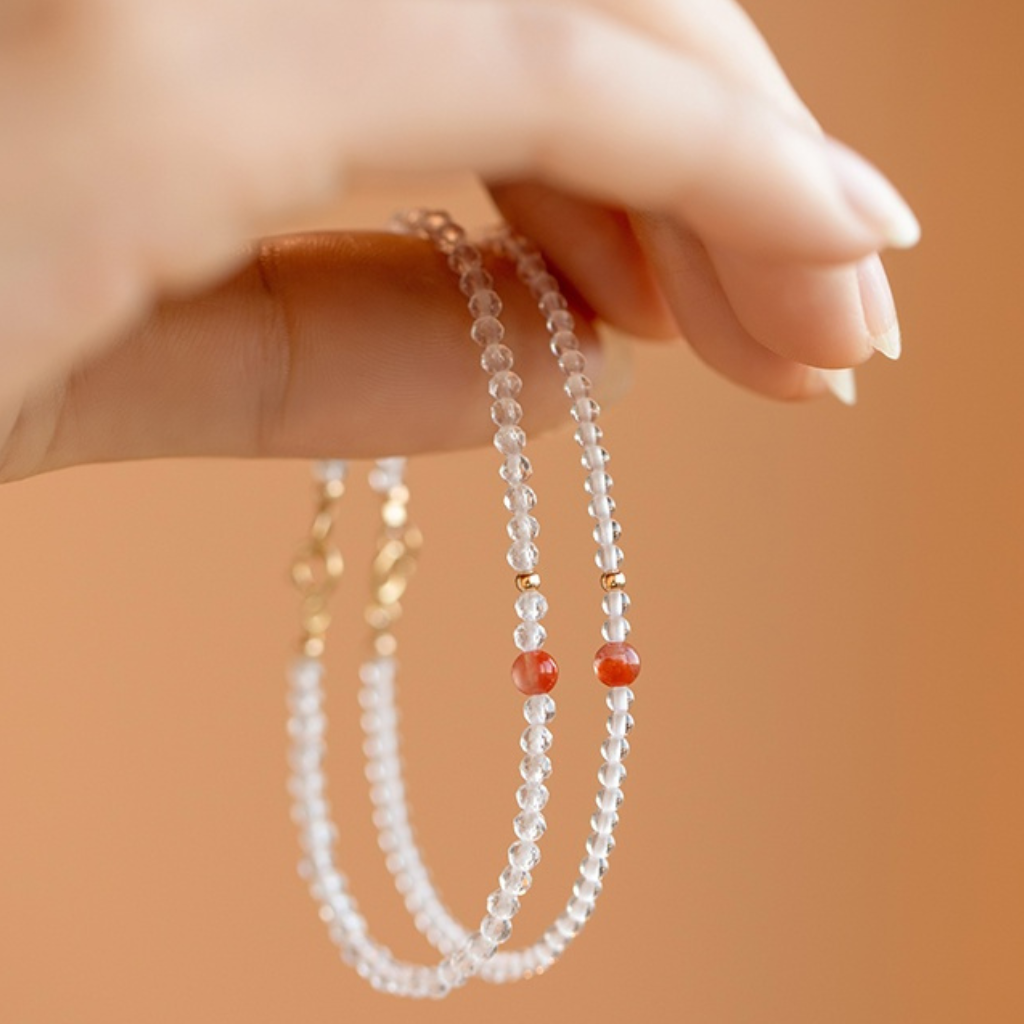 Natural Ultra-Fine Clear Quartz and Red Agate Bracelet - Elegant Jewelry with Clear Quartz and Red Agate Beads