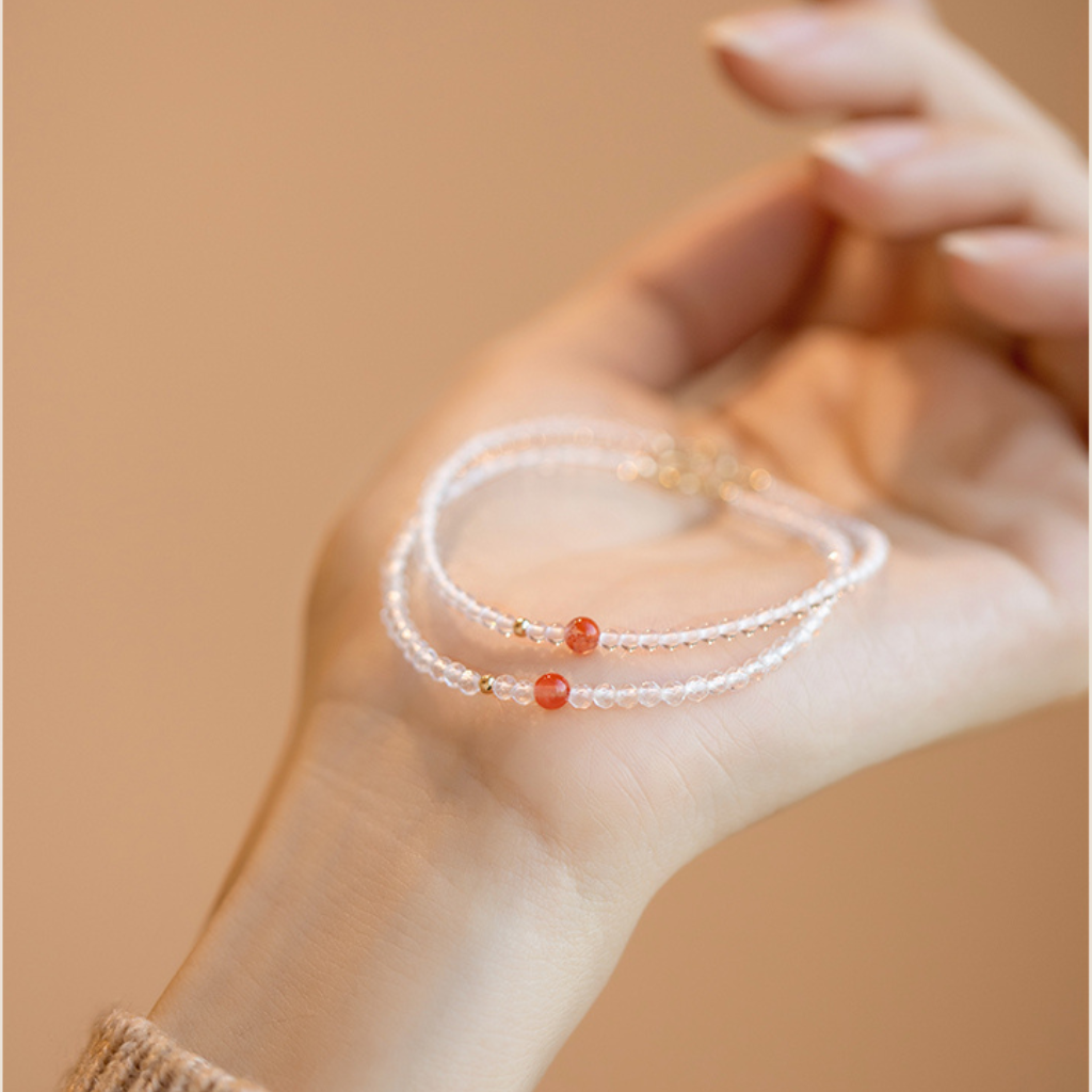 Natural Ultra-Fine Clear Quartz and Red Agate Bracelet - Elegant Jewelry with Clear Quartz and Red Agate Beads